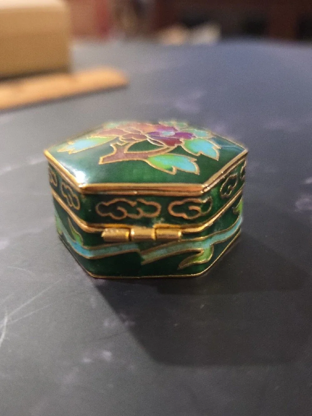 Green Enamel Floral Compact Trinket Box - Red & Green